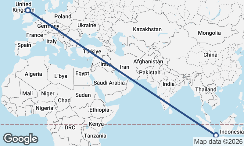 Jakarta to Newcastle upon Tyne