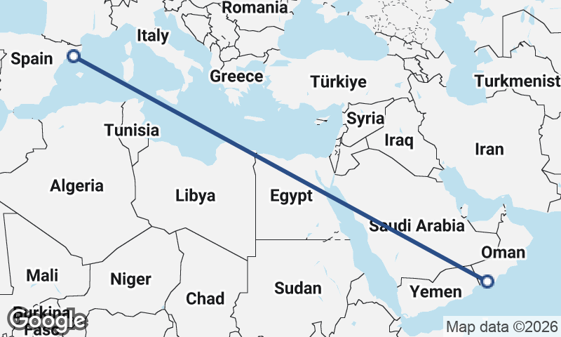 Şalālah to Barcelona