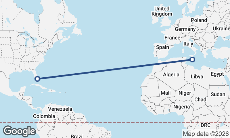 Miami to Valletta