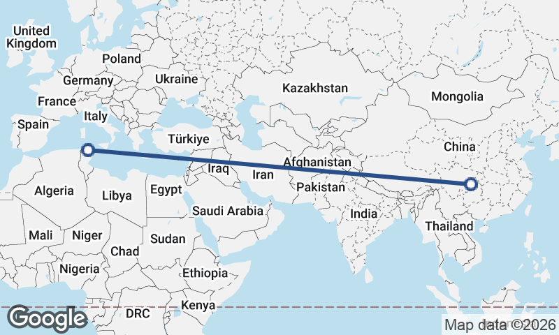 Chongqing to Tunis