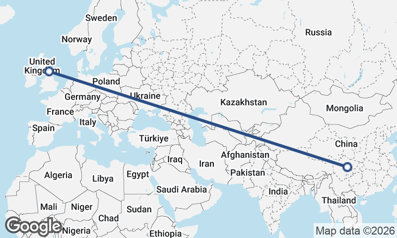 Chengdu to Newcastle upon Tyne