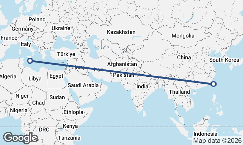 Valletta to Taichung
