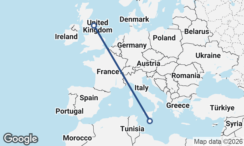 Valletta to Newcastle upon Tyne