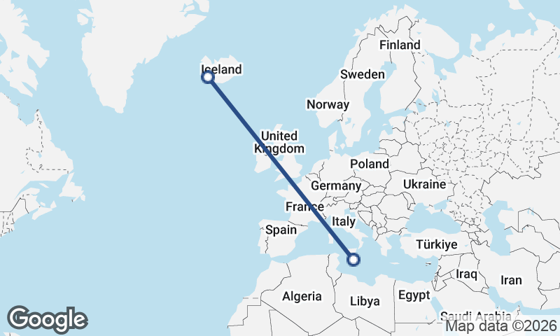 Valletta to Reykjavík