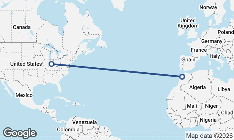 Indianapolis to Casablanca