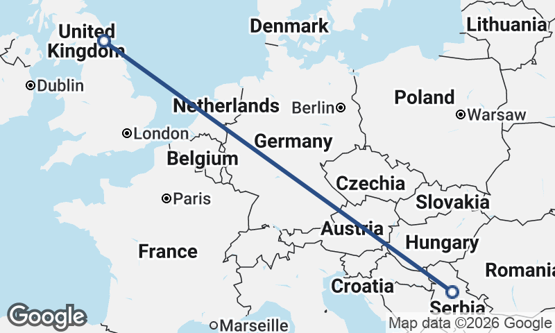 Belgrade to Newcastle upon Tyne