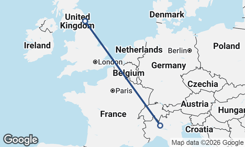Milan to Newcastle upon Tyne