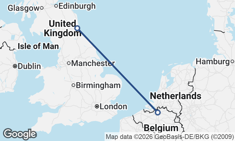 Antwerp to Newcastle upon Tyne