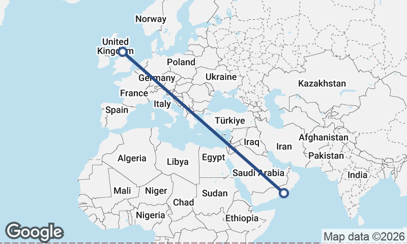 Newcastle upon Tyne to Şalālah
